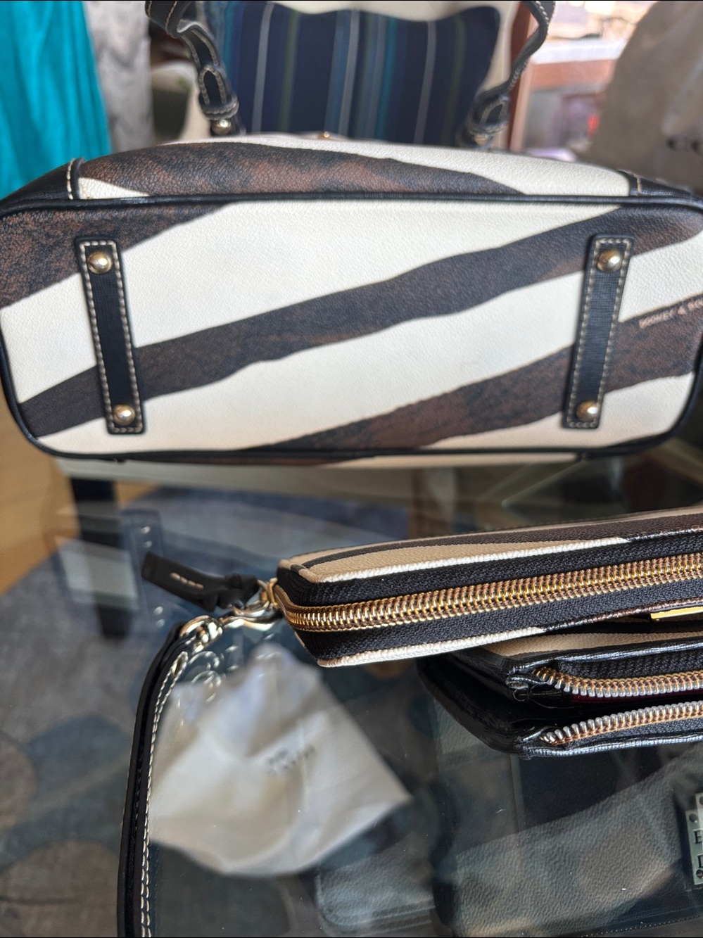 Dooney & Bourke leather Brown & White Zebra-Stripe Tote with Black Trim - Picture 5 of 6